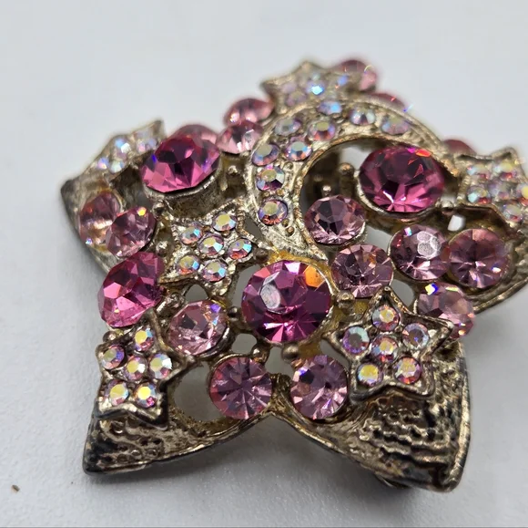 VINTAGE Star Brooch Auro Borealis Moon Stars In Pink Crystals - Picture 7 of 10